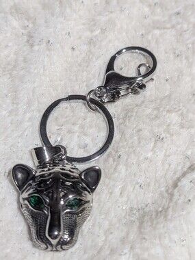 Gothic Panther Head Keychain Silver Tone Green Eyes Big Cat Bag Charm